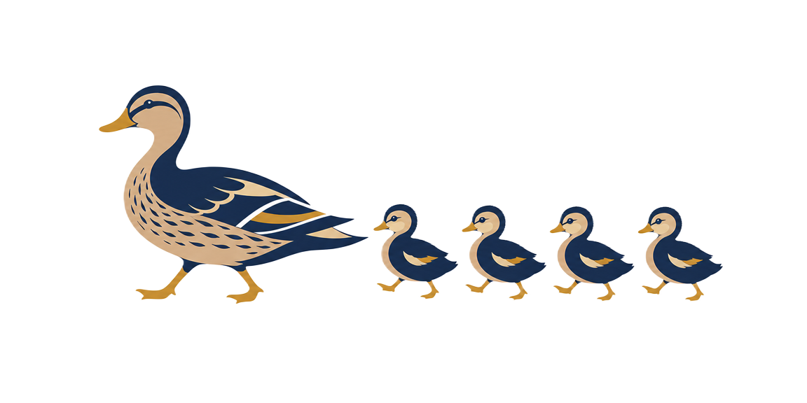 Books in a Row logo: a mother duck leading four ducklings