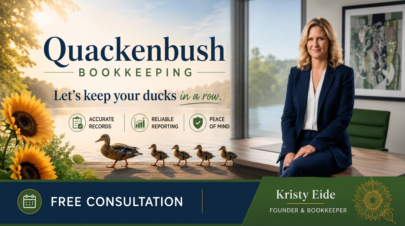 Quackenbush Bookkeeping banner featuring Kristy Eide, the Books in a Row logo, a mother duck with four ducklings, and the tagline 'Let's keep your ducks in a row.'
